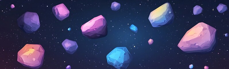 Aufkleber - Colorful cartoon asteroid field featuring glowing rocks in a vibrant cosmic scene.