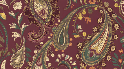 Poster - Paisley Pattern: a close-up of a seamless pattern, offering a rich and detailed illustration of the iconic teardrop-shaped motifs in warm colors.
