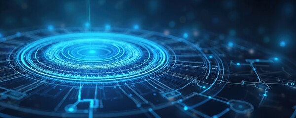 Leinwandbilder - Abstract tech background with blue glowing circle. Tech innovation, cyberspace concept. Futuristic design with digital elements, laser light, and engineering circuits. Modern science abstract image.