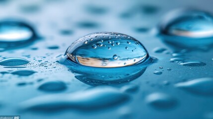 Wall Mural - Close-up water droplets reflecting a sunset on a blue surface