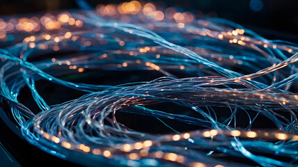 Poster - illuminating pathways: a captivating macro shot reveals a bundle of shimmering fiber optic cables, t
