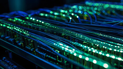 Poster - Server Data Cables: A detailed view of numerous server data cables, bathed in the cool glow of the server room.