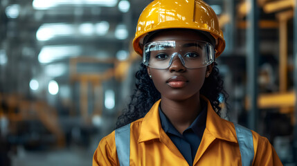 Aufkleber - Confident female industrial worker standing tall, wearing protective gear, holding clipboard within expansive manufacturing facility interior