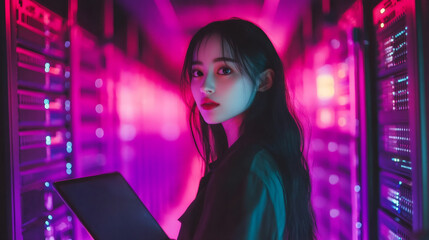 Aufkleber - Female tech professional typing on laptop amid server racks, bathed in blue-pink neon lighting, representing modern digital workspace
