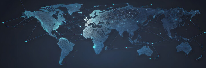 Poster - Global Network: A digital representation of the world map, interconnected with glowing lines and dots, symbolizing the intricate web of global networks, data flow, and technological advancements.