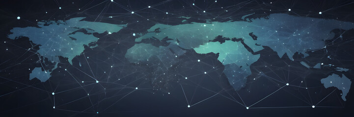 Poster - Global Network: An abstract representation of a global network, with interconnected lines and nodes overlaid on a world map, suggesting communication and connectivity across the globe.