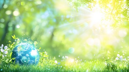 Blue Earth Globe Glowing in Green Grassy Field with Sunlight Through Trees and Flowers