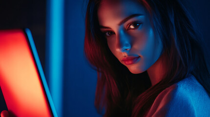 Fototapete - Female model gripping glowing electronic device emitting vibrant red and blue light, casting dramatic shadows on dark backdrop