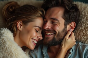 Wall Mural - A loving couple enjoys a close embrace, their smiles radiating joy as they share a tender moment in a cozy indoor space. The warmth of their connection is palpable