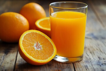 Refreshing Glass of Orange Juice A close-up of a glass filled with fresh orange juice, accompanied by slices of ripe oranges on a wooden table