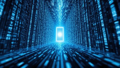 Poster - Digital Infinity Portal with Binary Code Flowing Through Space