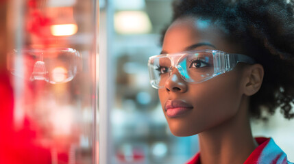 Poster - Laboratory professional wearing safety glasses examining molecular sample during scientific research and investigation