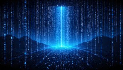 Poster - Digital Matrix with Blue Light and Binary Code Falling Downward