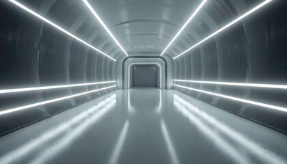 Poster - White 3D render room with neon lights, abstract minimal space, tech tunnel and stage floor. Empty white future 3D studio with futuristic corridor, render of modern silver interior.