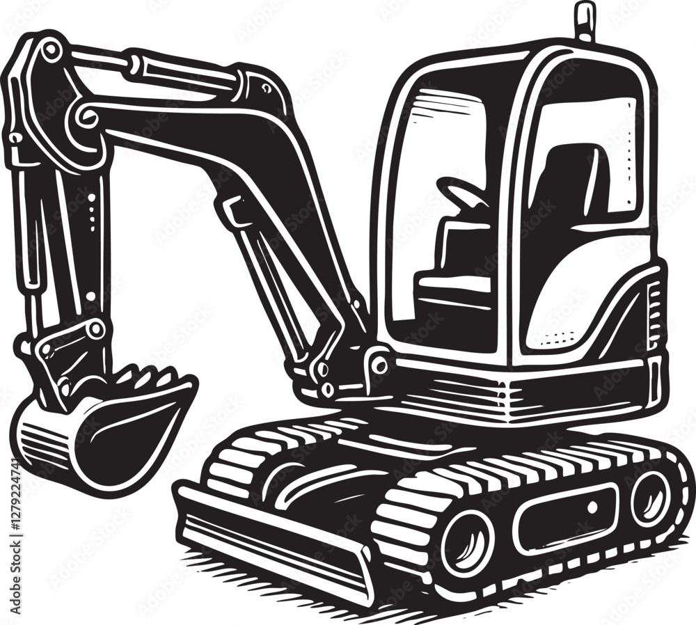 Black and White Vector Illustration of a Mini Excavator Stock Vector ...