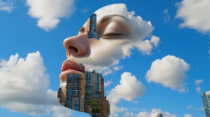 Wall Mural - Surreal digital artwork depicts a person's face merging with a city scene, set against a vibrant blue sky dotted with fluffy white clouds. The image