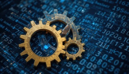 Poster - Golden Gears on Digital Background Representing Technology Concept