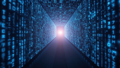 Poster - Futuristic Digital Corridor with Glowing Binary Code and Vivid Light
