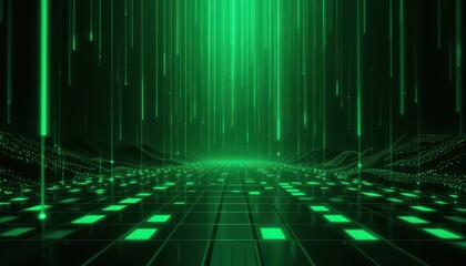 Poster - Futuristic Digital Landscape with Green Light Effects and Grid
