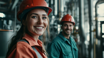 Aufkleber - Industrial engineers grinning, wearing protective gear near refinery machinery