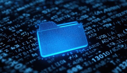 Poster - Glowing Digital Folder Icon on Dark Background with Binary Code