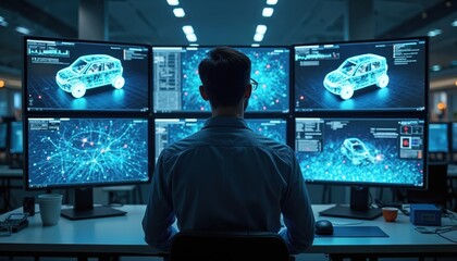 Poster - Engineer develops AI-driven autonomous vehicles in lab. Programmer works with neural networks, monitors self-driving car data on screens. Concept of future tech development, software engineering,