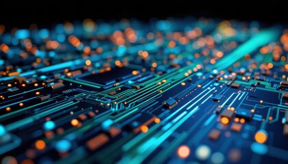 Poster - Abstract Circuit Board with Bright Neon Lights and Depth Perspective