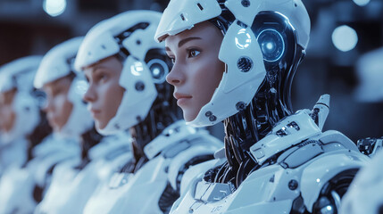 Aufkleber - Humanoid robots standing in formation, representing cutting-edge AI and sleek technological design within robotics engineering