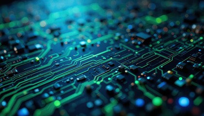 Poster - Abstract Circuit Board with Blue and Green Lights in Close-Up View