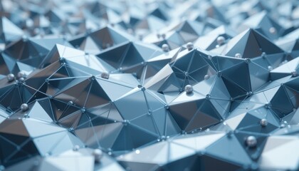Poster - Abstract Geometric Patterns with 3D Triangles and Spheres in Blue
