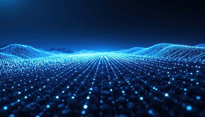 Poster - Abstract Digital Landscape with Blue Light Waves and Dots
