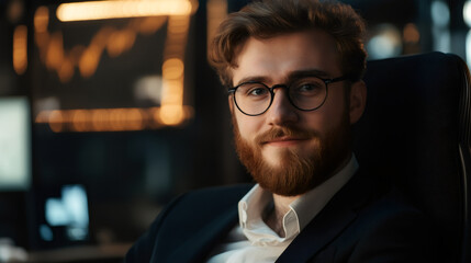 Leinwandbilder - Businessman sitting in his office chair with stock market charts displayed on screens in the background, working late
