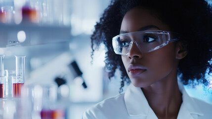 Poster - In a brightly lit modern laboratory, a young black female scientist wearing protective glasses analyzes test tubes containing colorful liquids