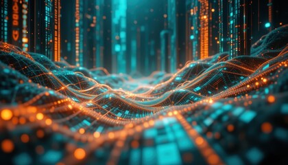 Poster - Digital Waves of Data Flowing Through a Futuristic Landscape