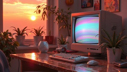 Poster - Retro computer scene with old CRT monitor, sunset view through the window, and vintage feeling