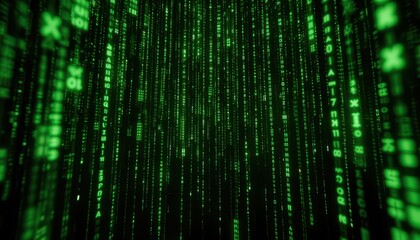 Poster - Digital Matrix Code Rain in Neon Green Color on Black Background