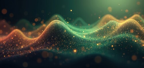Leinwandbilder - Abstract wavy background with glowing particles and bokeh effects. Digital 3D render of smooth wave line with dot patterns. Gold, green, and orange shades create a sense of motion, energy.