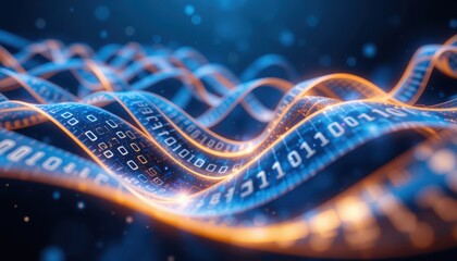 Poster - Flowing Digital Waves with Binary Code and Glowing Light Effects
