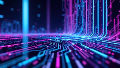 Poster - Futuristic Neon Circuit Lines on Dark Background in Electric Colors