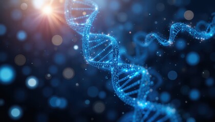 Poster - Blue Abstract DNA Helix with Glowing Particles and Light Effects