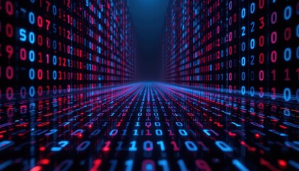 Poster - Digital Data Stream with Binary Code in Red and Blue Lights