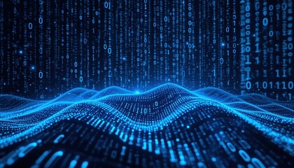 Poster - Glowing Blue Waves of Binary Data in Digital Landscape Visualization
