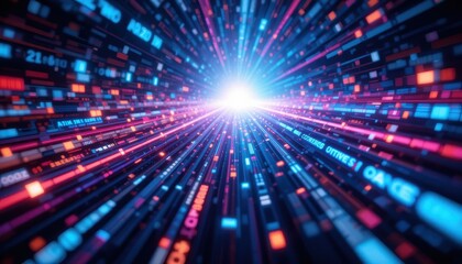 Poster - Bright Light Emerging from Colorful Digital Data Stream Background