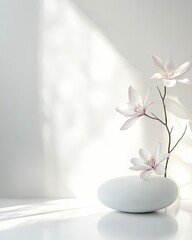 Poster - Elegant White Flowers and Smooth Stone Create a Serene and Minimalist Still Life in Softly Lit Space