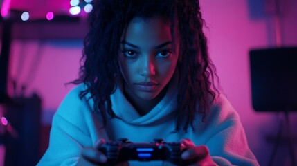 Focused african female teen playing video games in neon room