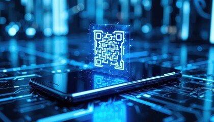Poster - Modern Smartphone Displaying Bright QR Code on Futuristic Background