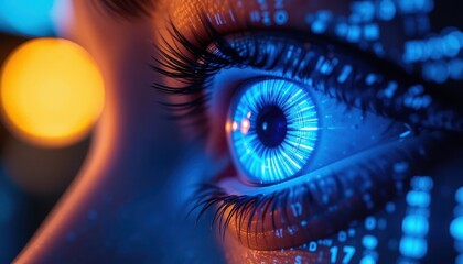 Poster - Close-Up of an Eye with Futuristic Digital Binary Data Overlay