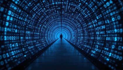 Poster - Person in a digital tunnel surrounded by glowing binary code