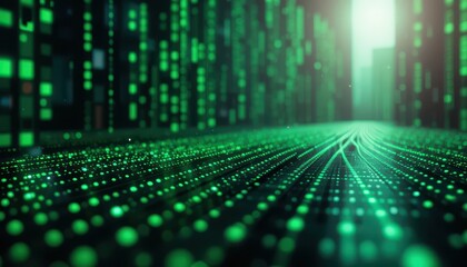 Poster - Futuristic Abstract Digital Landscape with Green Light Patterns