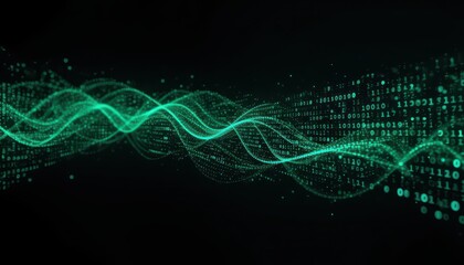 Poster - Abstract Green Waves and Binary Code Flowing in Dark Background